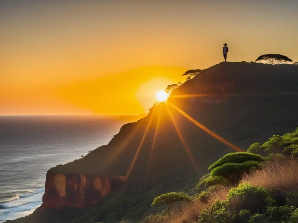 Fotografía vintage que transporta a la costa de Madagascar, con figura solitaria admirando el océano Índico al atardecer