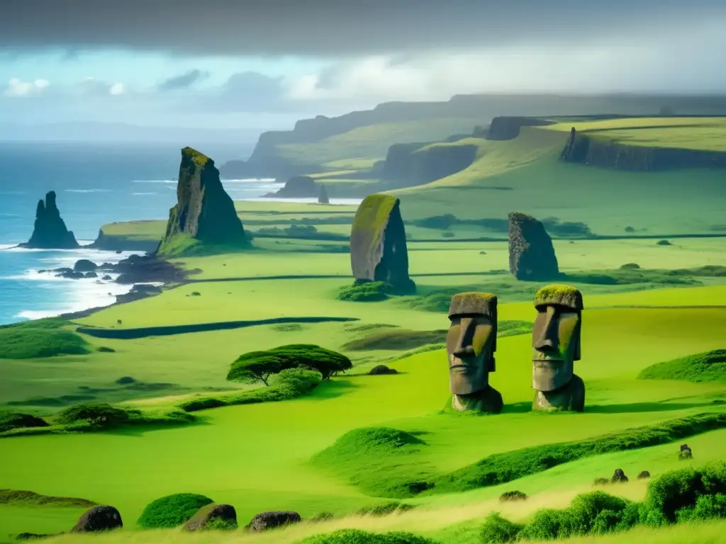 Paisaje misterioso y enigmático de la Isla de Pascua, con sus icónicas estatuas moai y una costa dramática