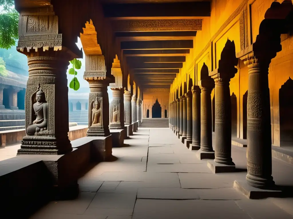 Entrada grandiosa a las cuevas de Ajanta, con pilares y arcos tallados, paredes de piedra desgastadas y luz filtrada por la vegetación