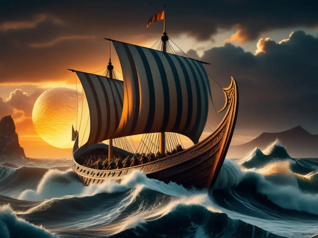 Descubrimientos vikingos: Longship vikingo en mares turbulentos, con velas al viento y guerreros listos para la aventura