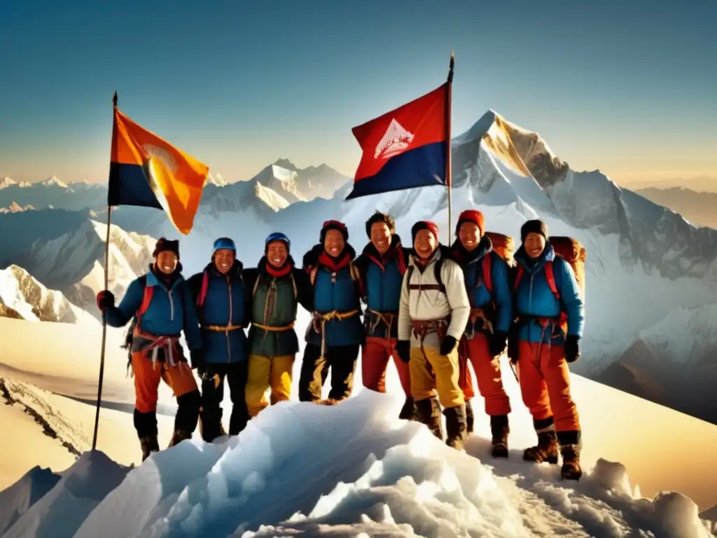 Expedición histórica: Grupo triunfante en cumbre del Kangchenjunga