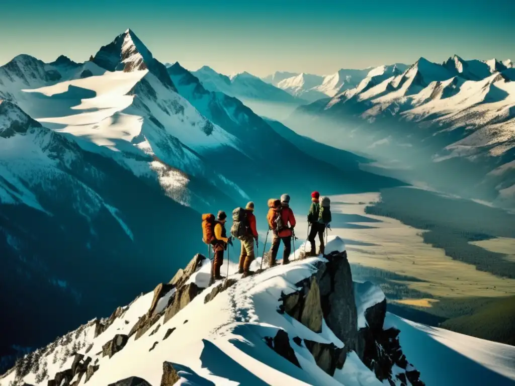 Equipo de exploradores en una montaña, reflejando el papel del individuo en las expediciones