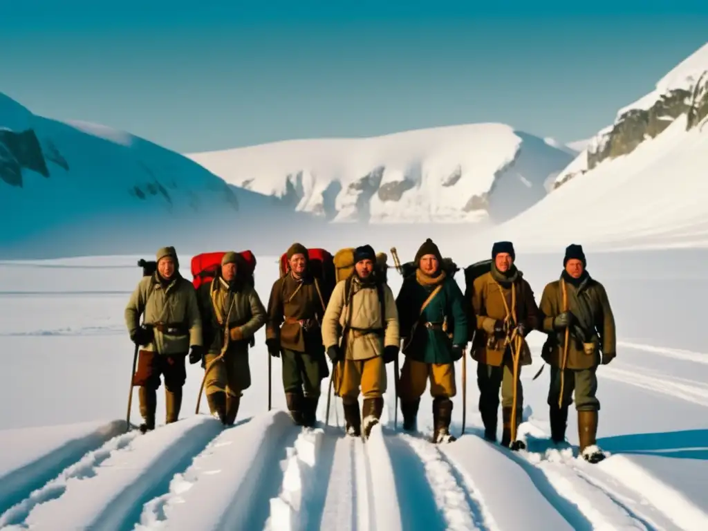 Equipo de exploradores en expediciones polares en Siberia en un paisaje nevado y montañas nevadas al fondo