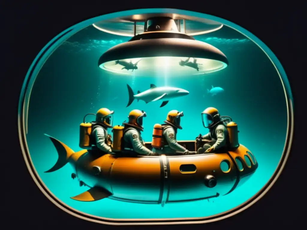 Equipo de exploradores submarinos en submersible, descendiendo a las profundidades del océano rodeados de criaturas bioluminiscentes