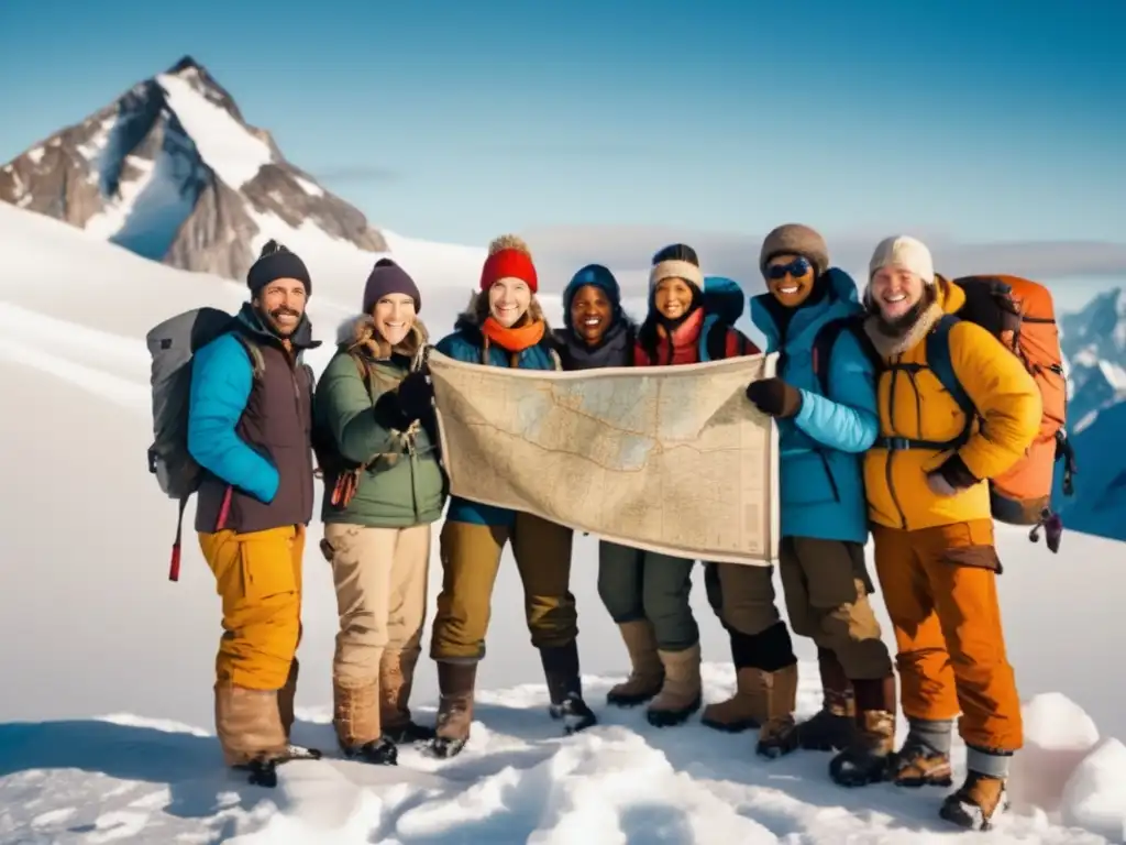 Equipo diverso de exploradores en una montaña nevada, demostrando la importancia del trabajo en equipo en grandes expediciones