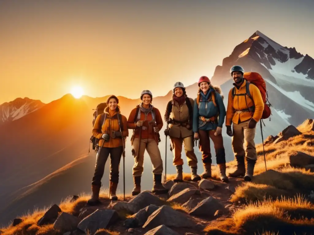 Grupo diverso en montaña con atardecer, expresa el papel del individuo en las expediciones