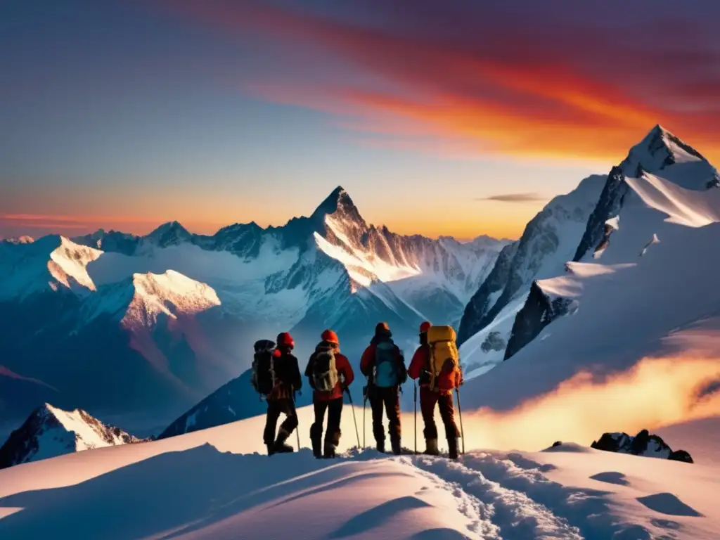 Montañeros en cumbre nevada, con puesta de sol y resiliencia en equipos de expedición