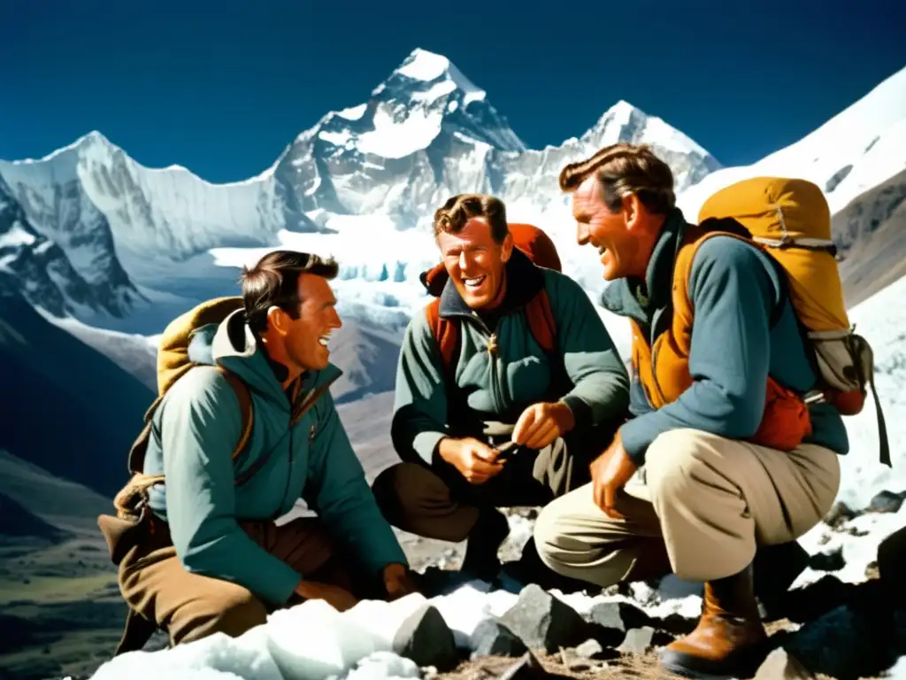 Equipo de Hillary en expedición al Everest, preparándose con determinación en un paisaje nevado y montañas imponentes