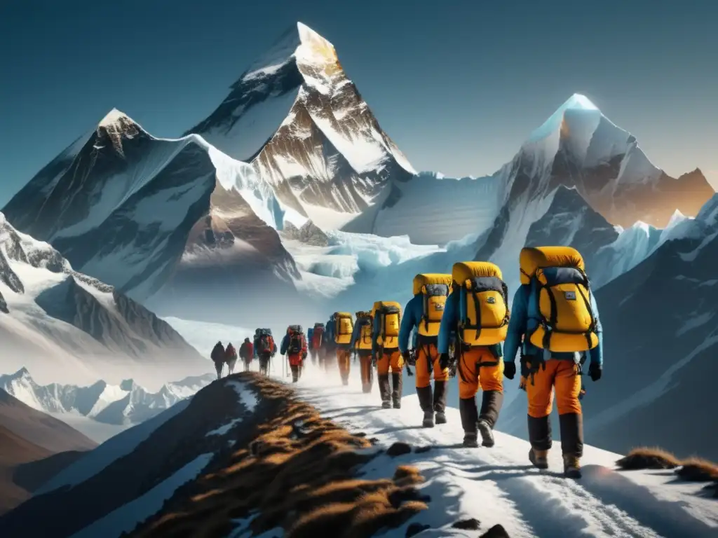 Equipo de exploradores en expedición a la majestuosa Monte Everest, con innovaciones tecnológicas en las grandes expediciones del siglo XXI