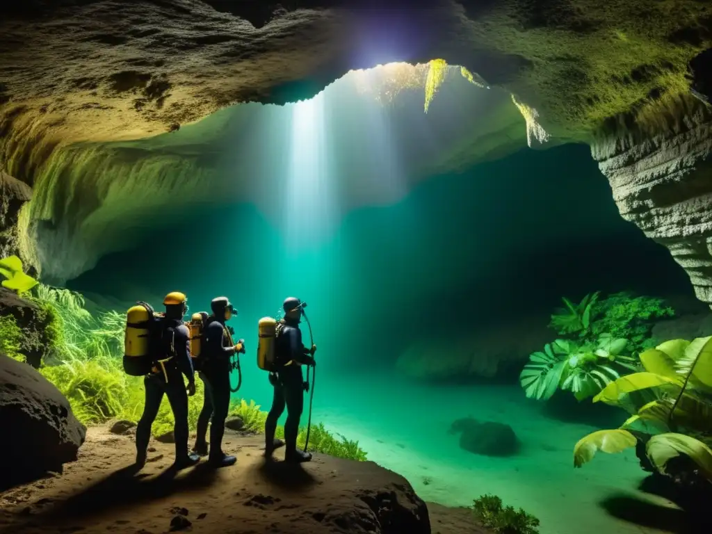 Equipo de exploradores en expediciones peligrosas hacia una cueva submarina misteriosa