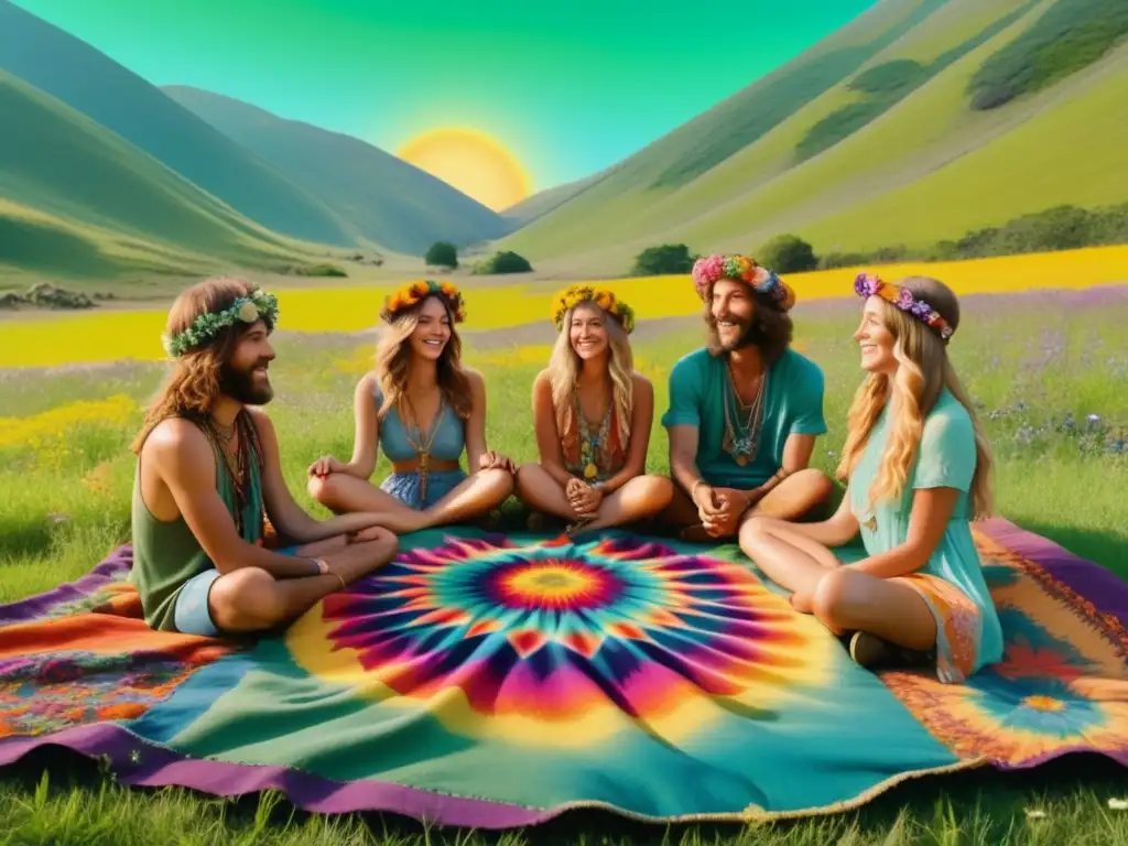 Imagen psicodélica de hippies en un prado, representando la conexión con el movimiento hippie y el LSD