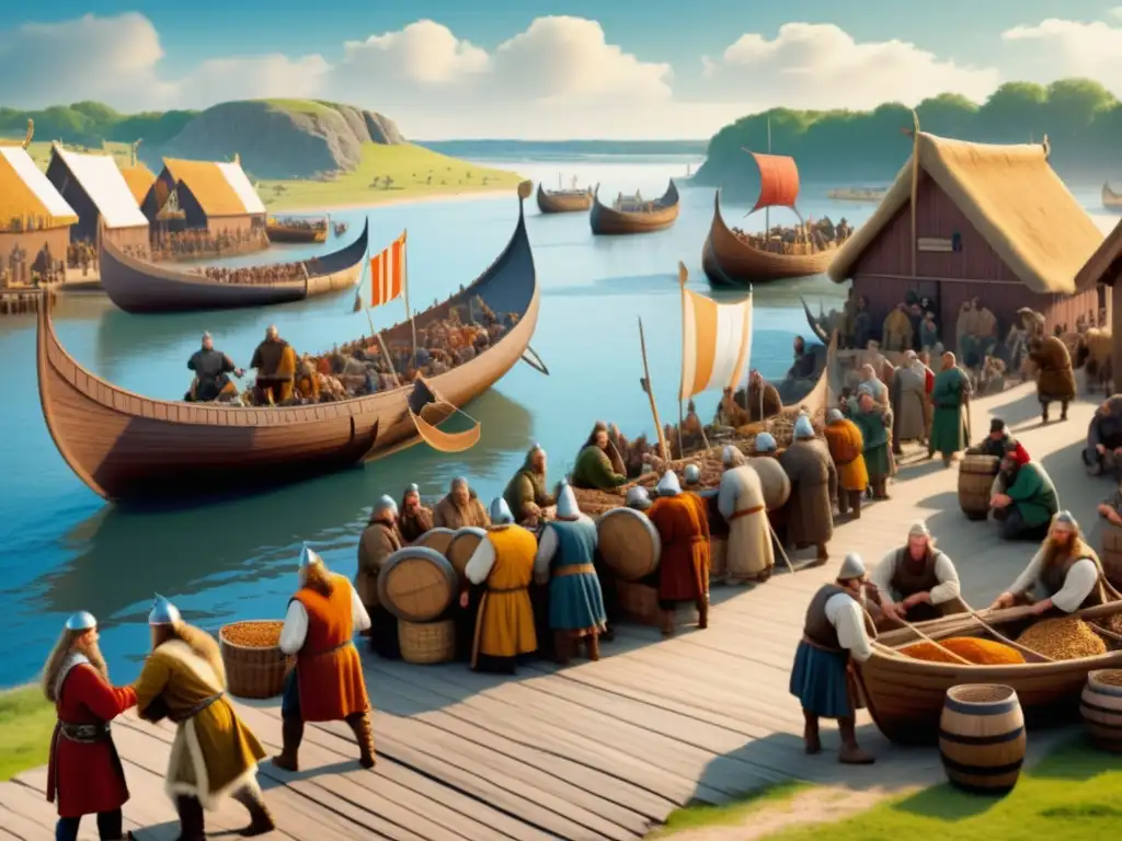 Escena animada de comercio vikingo en ruta terrestre con barcos, mercancías y arquitectura distintiva