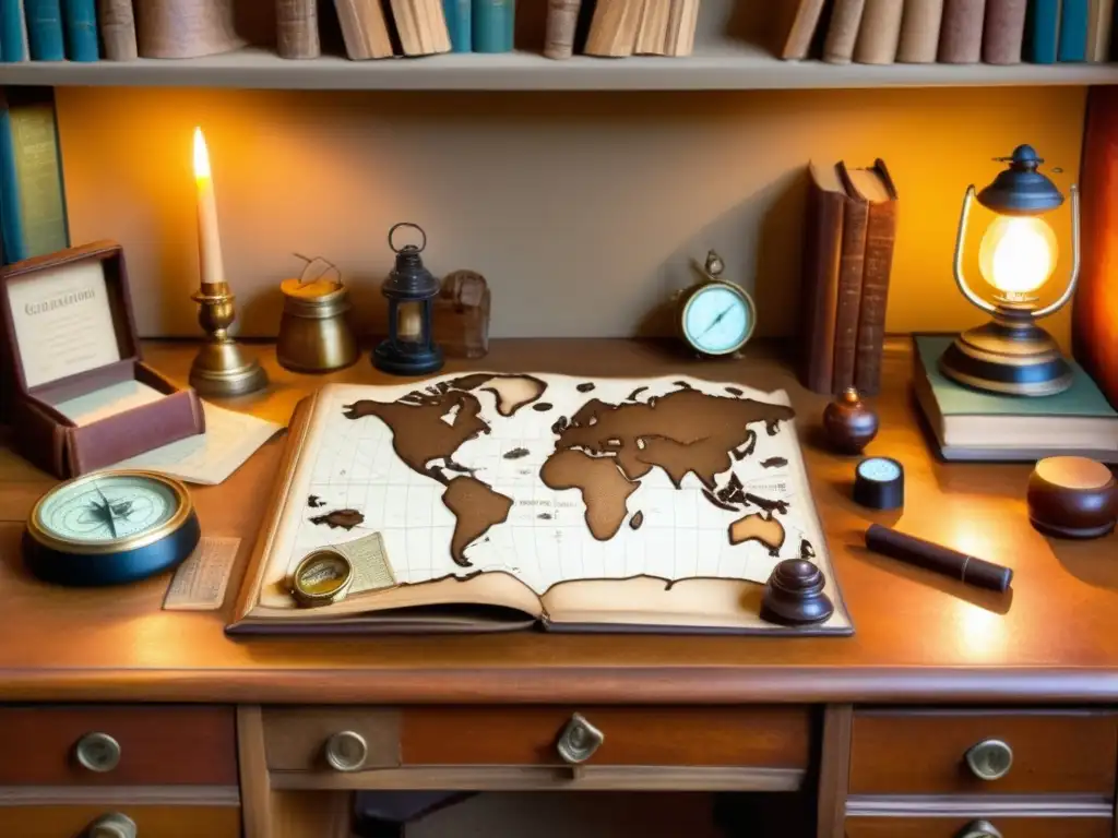 Escritorio de explorador vintage con mapas, brújulas y artefactos de diferentes culturas