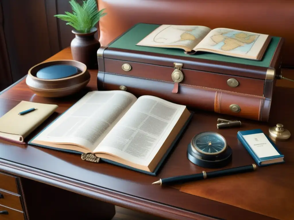 Escritorio del explorador con brújula, diario, sextante, cámara y mapa