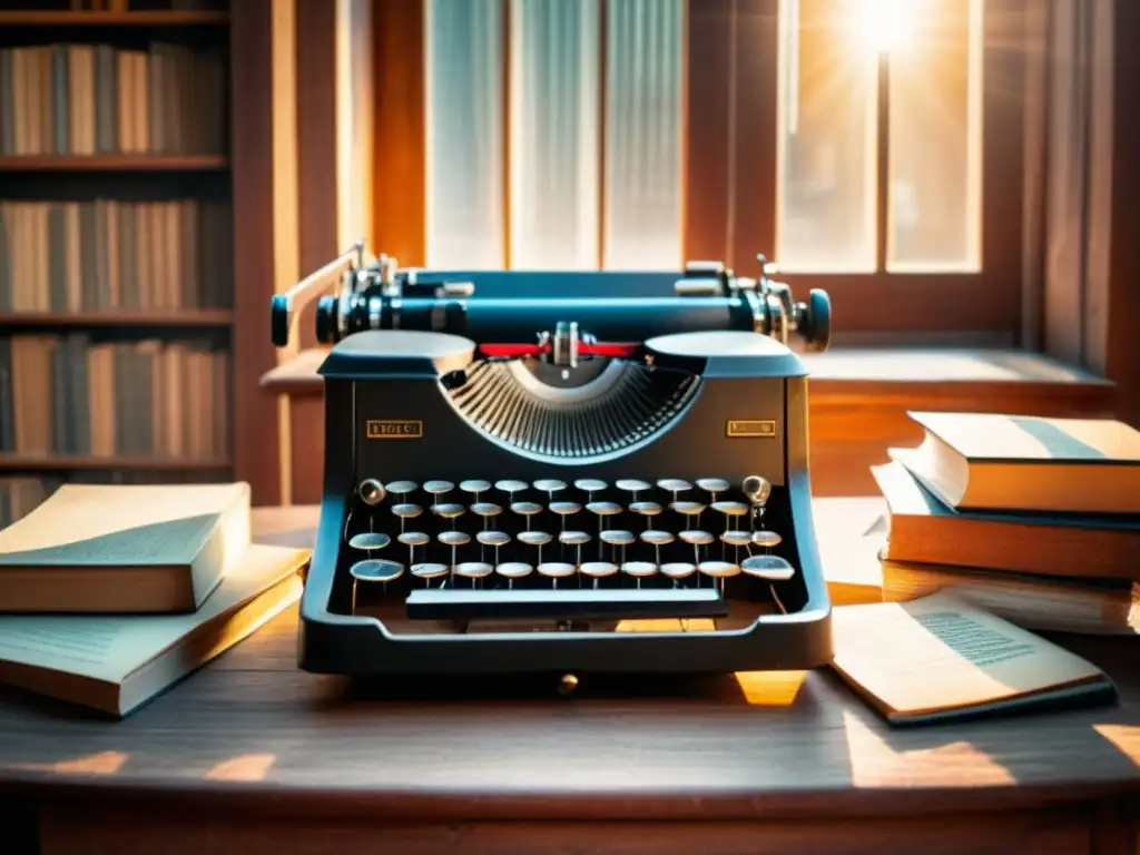 Impacto IA en creatividad y storytelling: vintage typewriter, libros antiguos, cine, AI y literatura