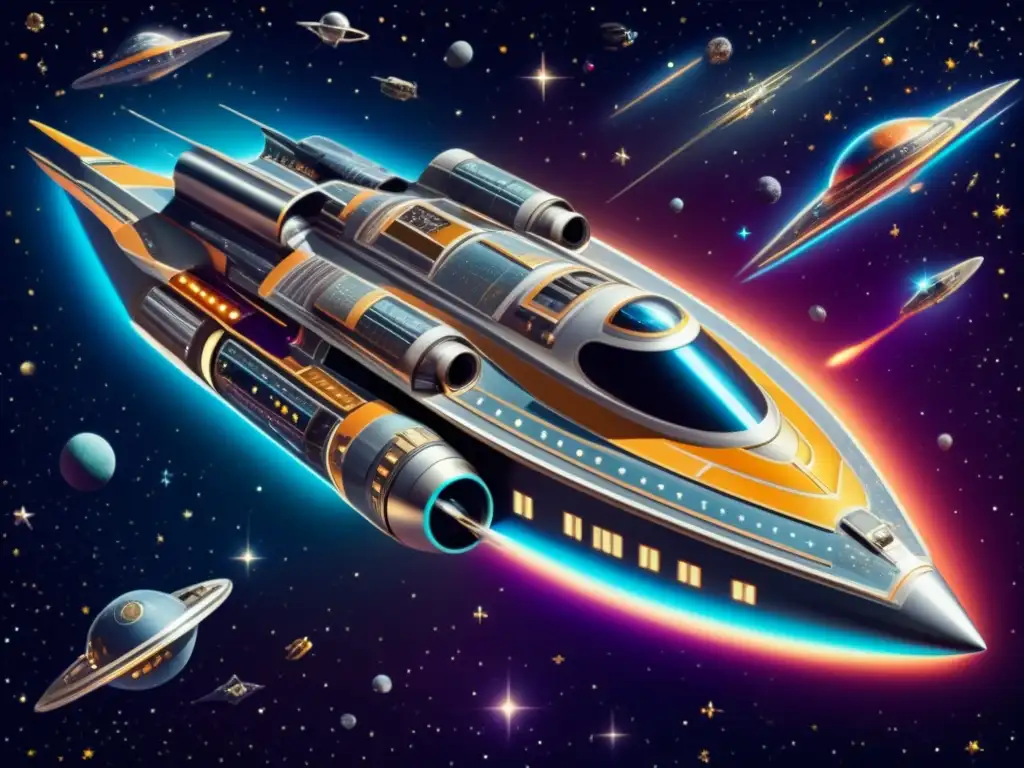 Avances en tecnología y transporte en la exploración de la belleza cósmica de una nave espacial vintage flotando en el espacio