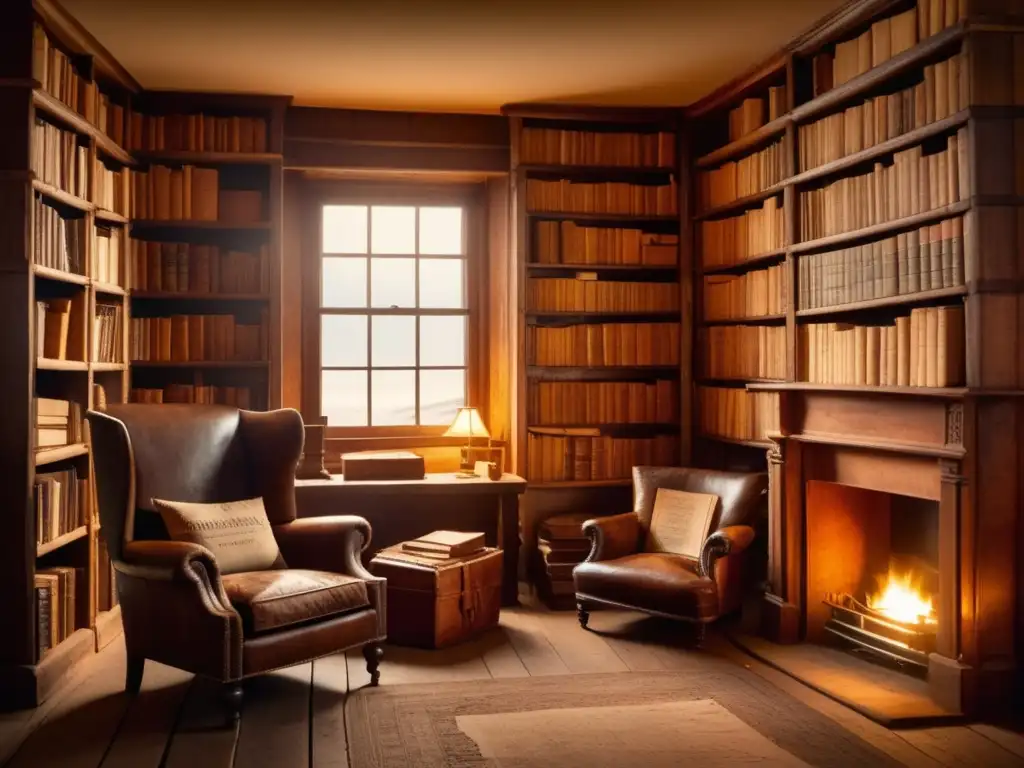 Estudio vintage con estanterías de libros desgastados, una chimenea y una máquina de escribir