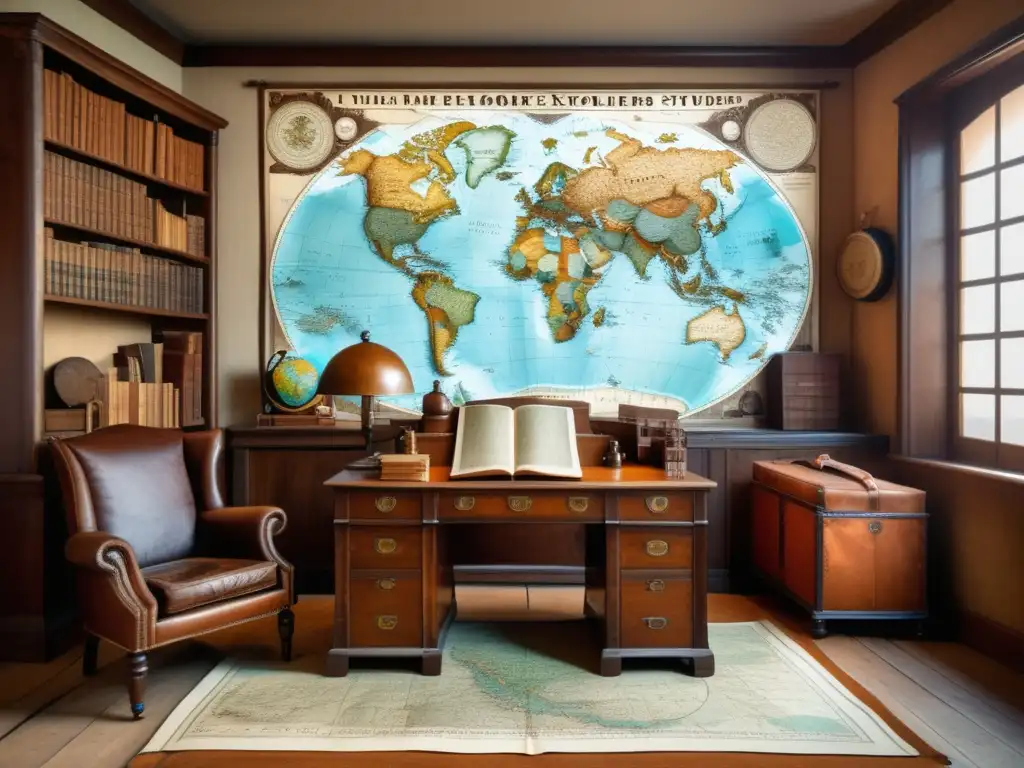 Estudio de explorador vintage con muebles de madera envejecida, mapas, brújulas y libros antiguos