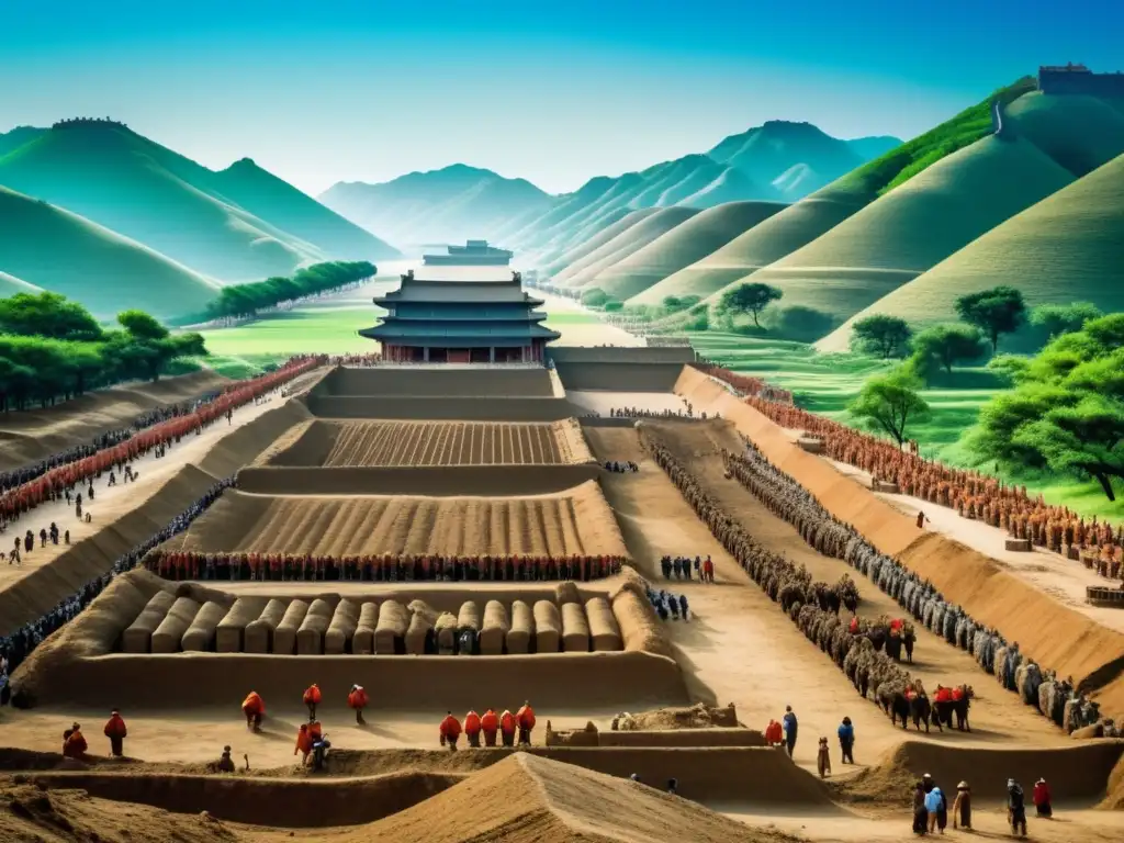 Descubrimiento Guerreros Terracota en excavación china de vintage con montañas verdes y cielo azul