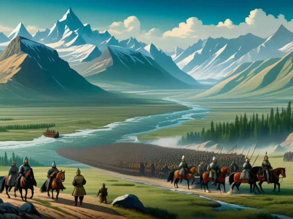 Conquista rusa de Siberia: ilustración detallada del avance del Imperio ruso hacia el este, con exploradores y pueblos indígenas