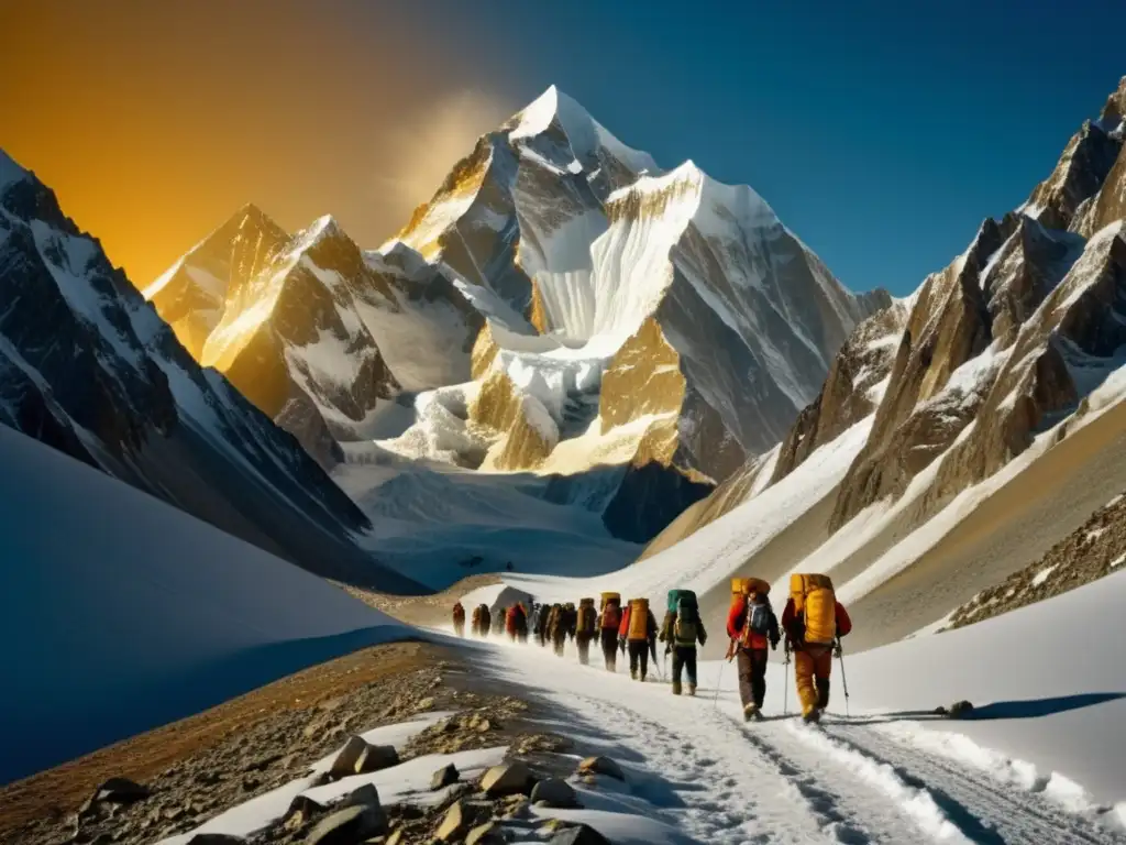 Ascenso a la montaña Gasherbrum I: Imagen vintage que muestra la majestuosidad de los picos nevados y a montañistas preparando el campamento base