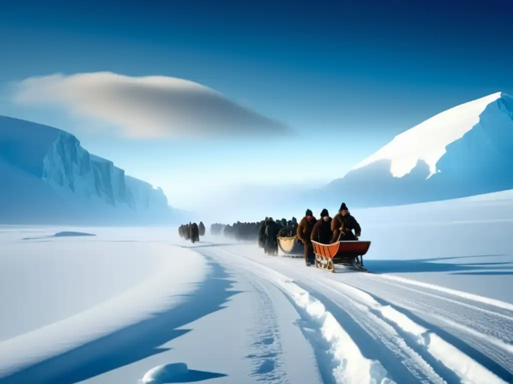 Expedición de Roald Amundsen al Polo Sur: Exploradores en paisaje nevado, montañas y cielo azul, evocando nostalgia y determinación