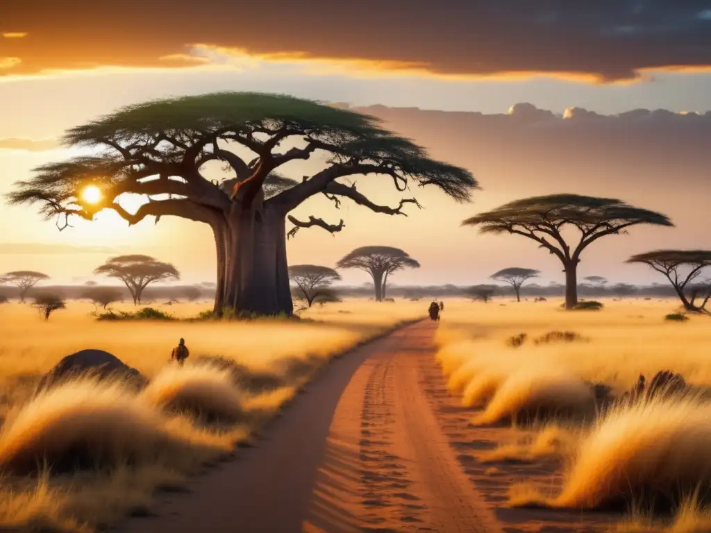 Expedición de Stanley a África: paisaje africano vintage en 8k, con vasta sabana dorada, baobabs majestuosos y exploradores en safari