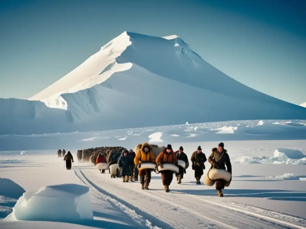 Conquista del Polo Sur: Exploradores en la majestuosa y helada belleza del paisaje polar con el Monte Erebus al fondo