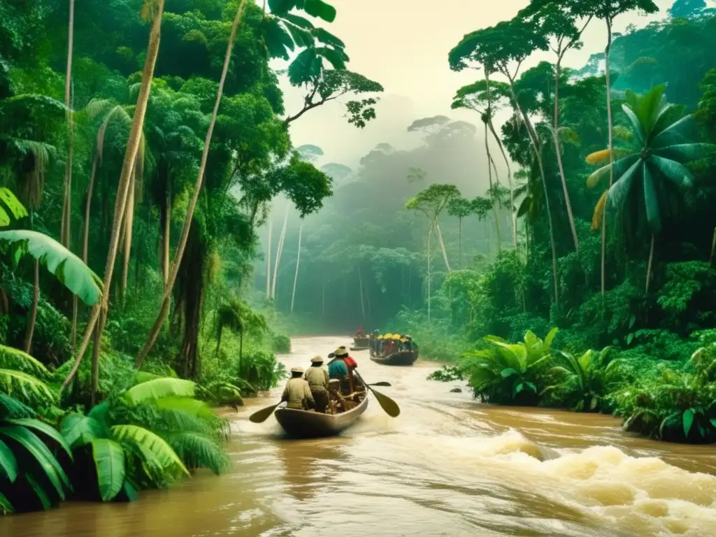 Exploradores en la selva amazónica al atardecer