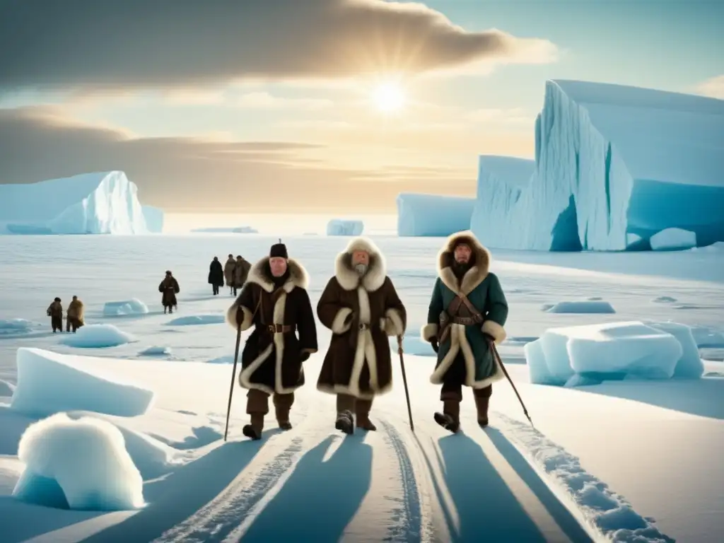 Expedición de Roald Amundsen al Polo Norte: Exploradores valientes en un paisaje ártico con icebergs, tundra y perros de trineo