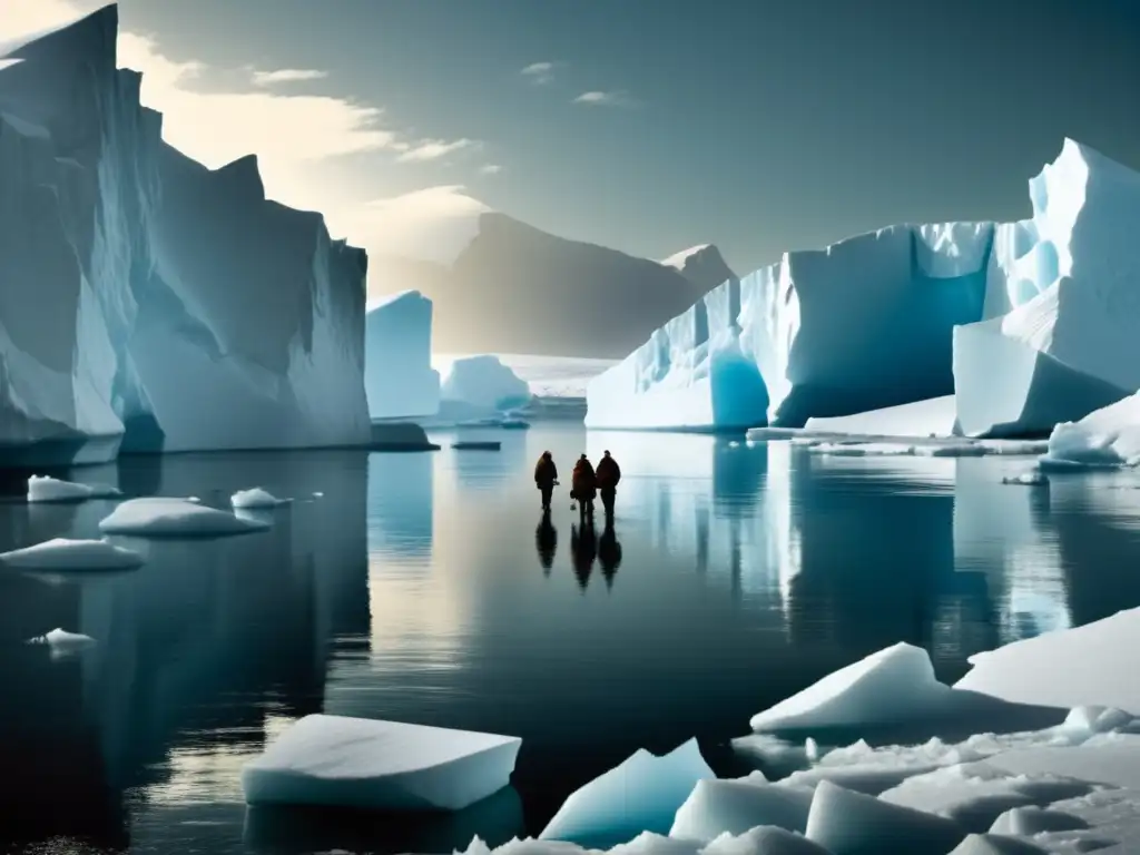 Paisaje antártico durante la Expedición de Shackleton, con exploradores valientes enfrentando el terreno helado