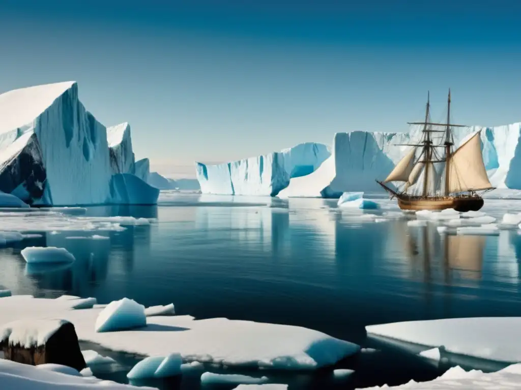 Paisaje ártico durante la expedición de Henry Hudson: hielo, montañas nevadas y barco en hielo