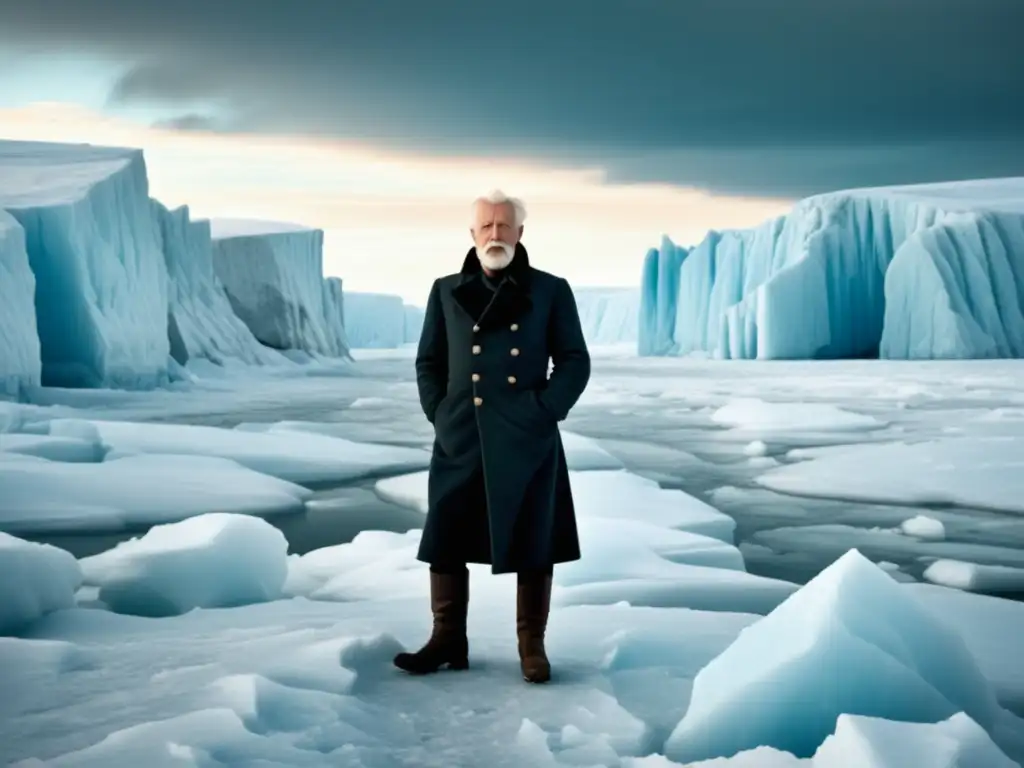 Fridtjof Nansen en el Ártico: explorador valiente en paisaje helado con hielo impresionante y determinación en su rostro