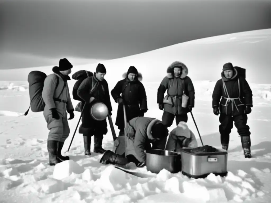 Exploradores en expedición ártica, con paisaje helado y herramientas