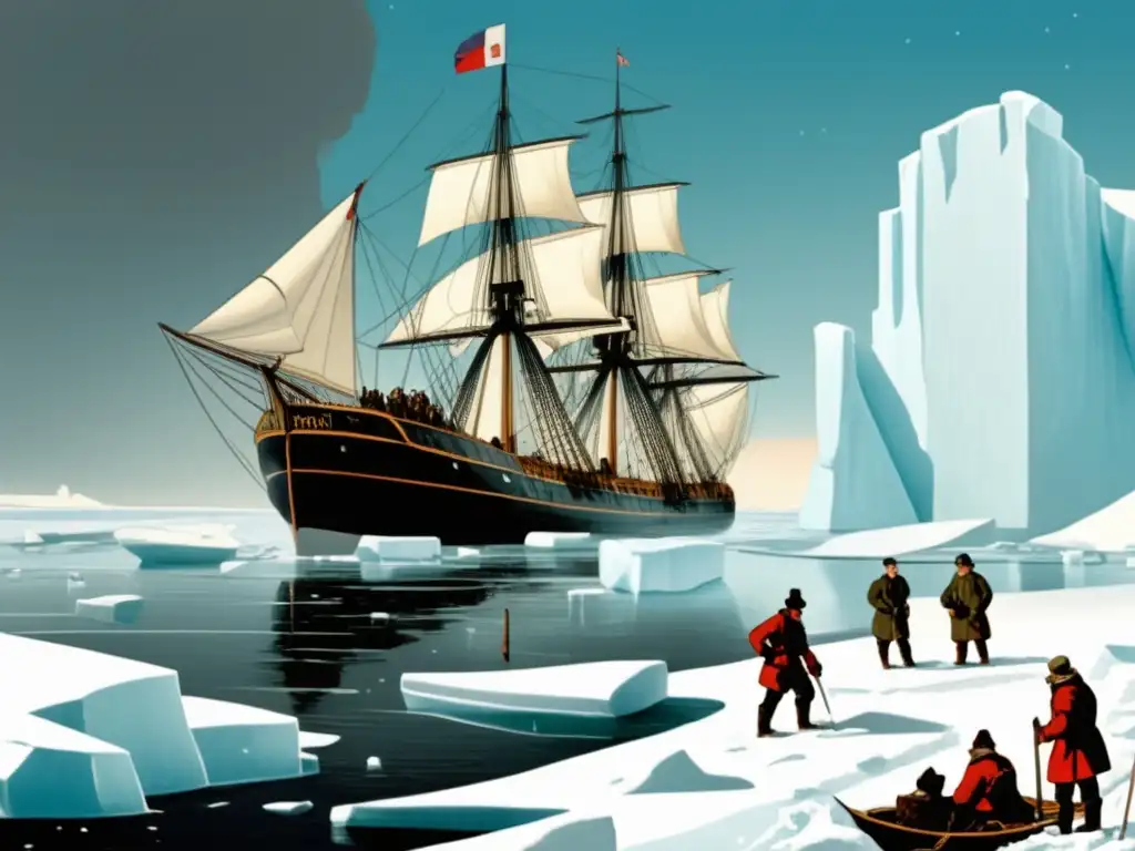 Ilustración vintage de la expedición ártica de Fridtjof Nansen: logros científicos y belleza del entorno (110 caracteres)