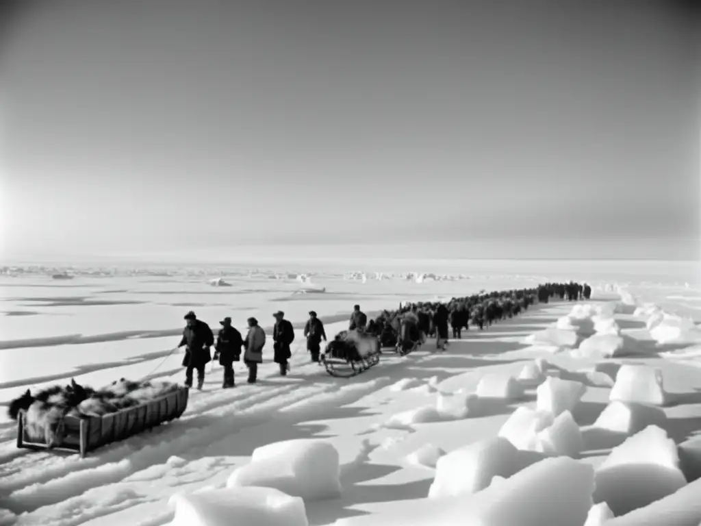 Fotografía vintage blanco y negro: Paisaje ártico helado, exploradores en travesía, montañas nevadas