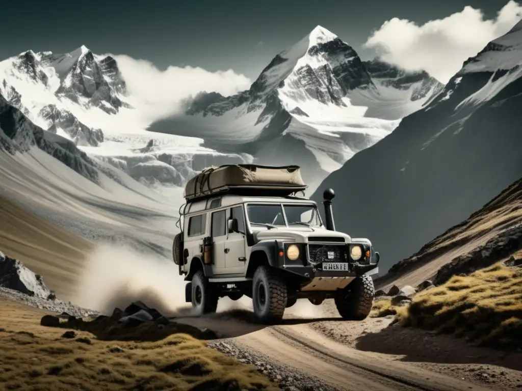Vehículo de expedición en montaña Tecnología en expediciones: vehículo retro, montañas nevadas, aventura