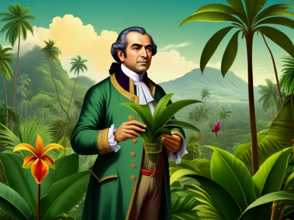 Ilustración vintage de José Celestino Mutis en su expedición botánica, rodeado de exuberante paisaje tropical y examinando una orquídea vibrante