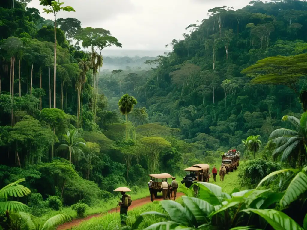 Descubrimientos botánicos en la selva amazónica: expedición vintage de exploradores capturando la biodiversidad y conservando datos científicos