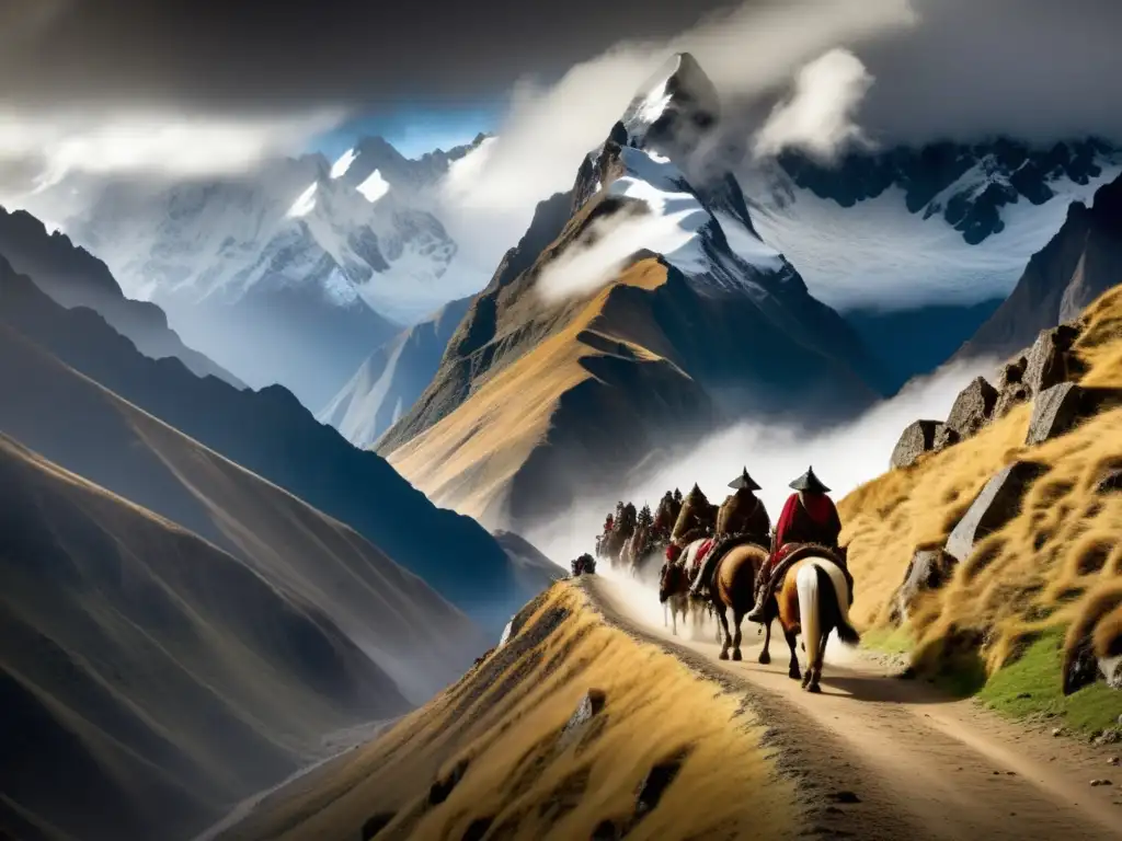 La Lucha por la Vida en la Expedición de Pizarro al Perú en los Andes peruanos, con picos nevados que atraviesan las nubes