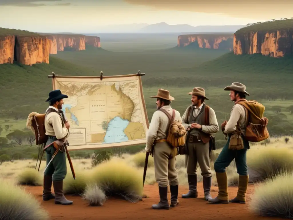 Expedición de Burke y Wills en Australia: exploradores en paisaje desafiante, planificando el viaje y representando distintos roles científicos