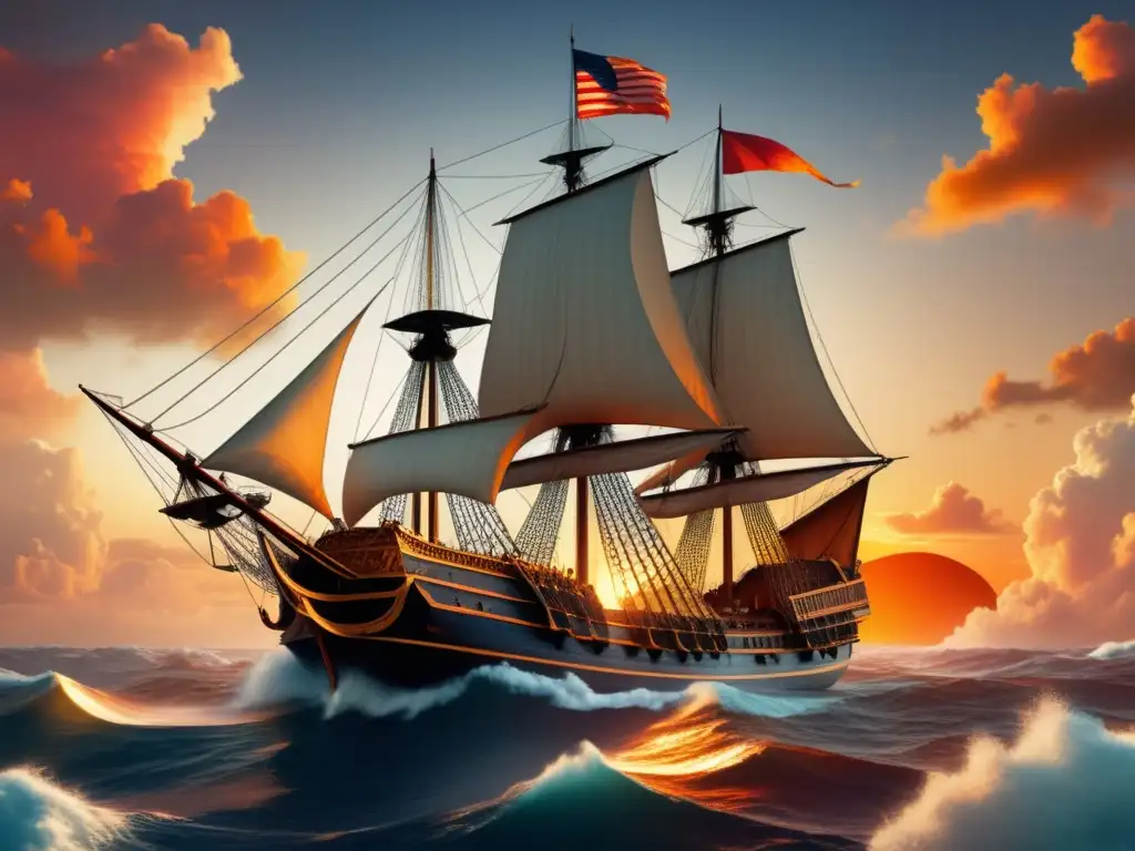 Ilustración cautivadora de la expedición de Colón a América, con un majestuoso barco navegando al atardecer