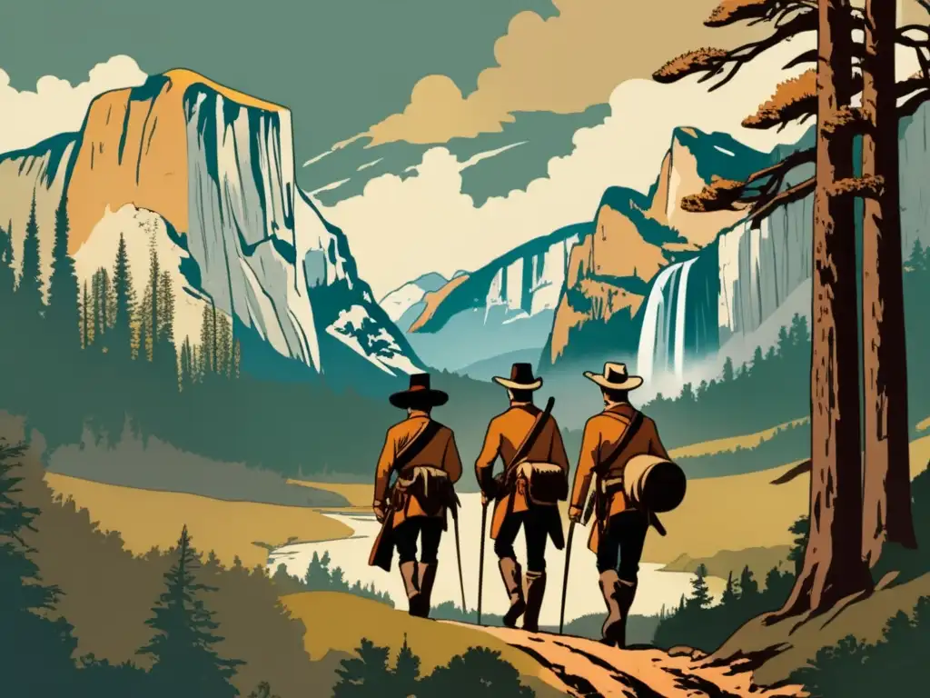 Ilustración vintage de la Expedición de Lewis y Clark en la vasta naturaleza