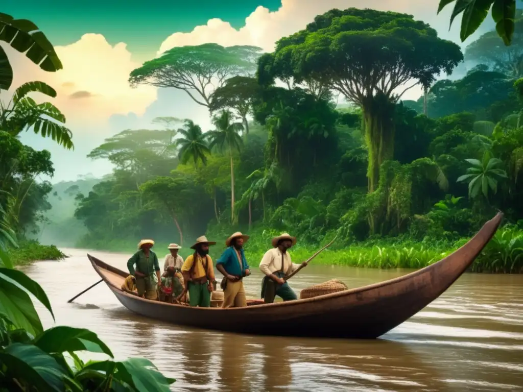 Expedición de Orellana al Amazonas: exploradores en barco, selva exuberante y aventura vintage