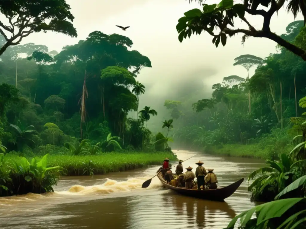 La huella de Orellana en el Amazonas: Un legado que perdura - Expedición en la selva amazónica con exploradores, naturaleza exuberante y misterio