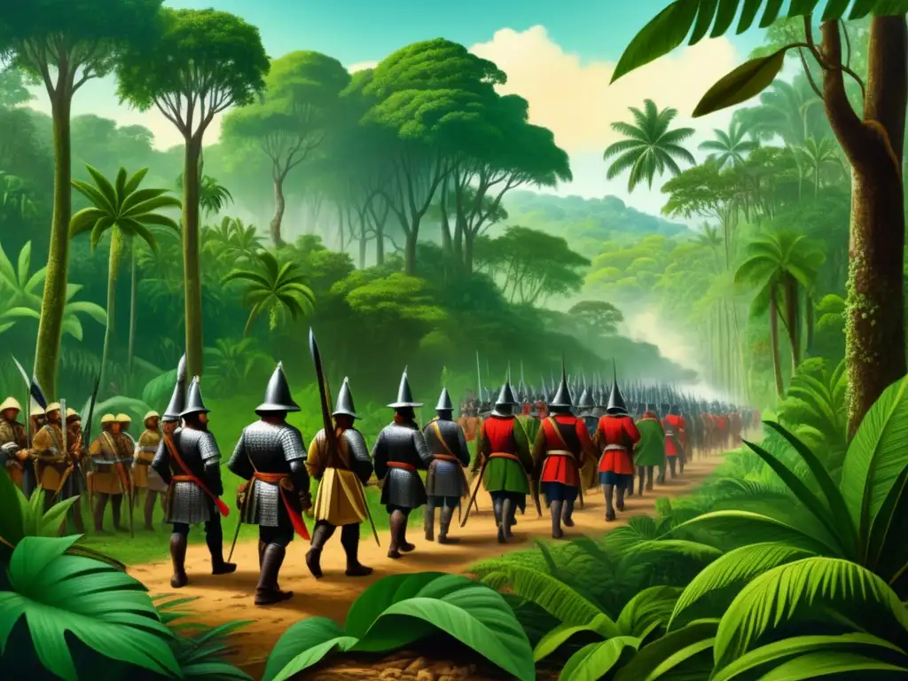 Expedición de Hernando De Soto en una ilustración vintage de una densa selva tropical con conquistadores españoles