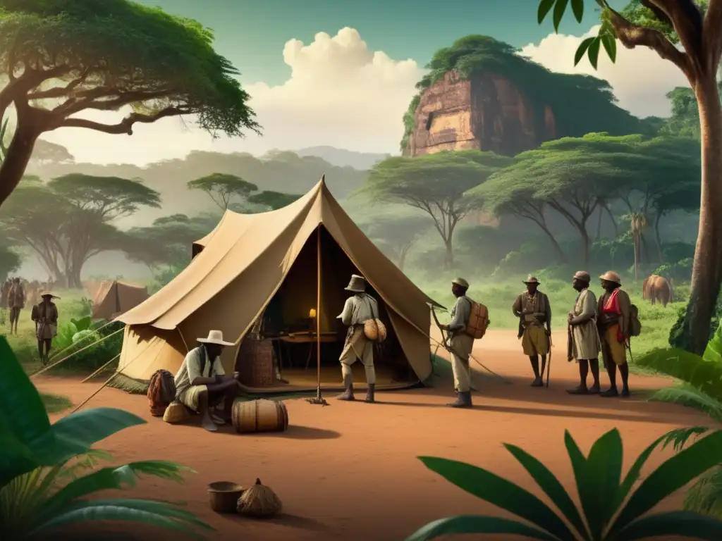 Expedición de Stanley en África: exploradores, tienda de campaña, nativo guía, selva, montañas