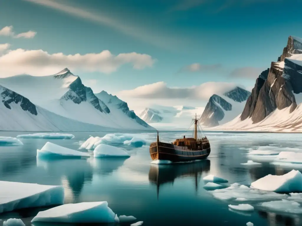 Paisaje ártico con montañas nevadas, mar congelado y nave atrapada en el hielo: expedición John Franklin