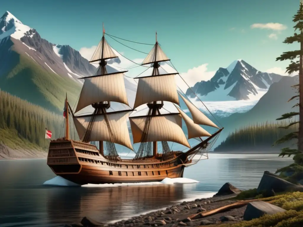 Paisaje épico en Alaska con barcos vintage, evocando la expedición de James Cook