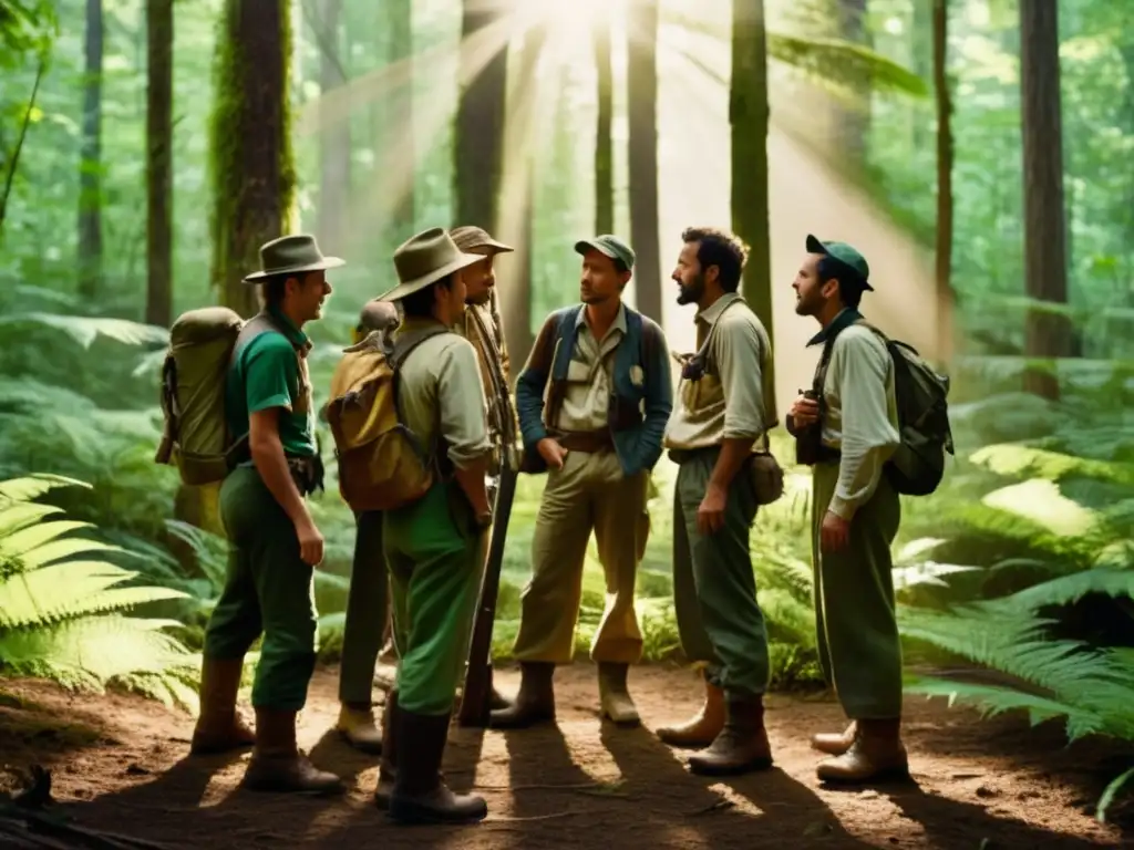 Equipo de exploradores en una expedición en el bosque, rodeados de naturaleza y montañas